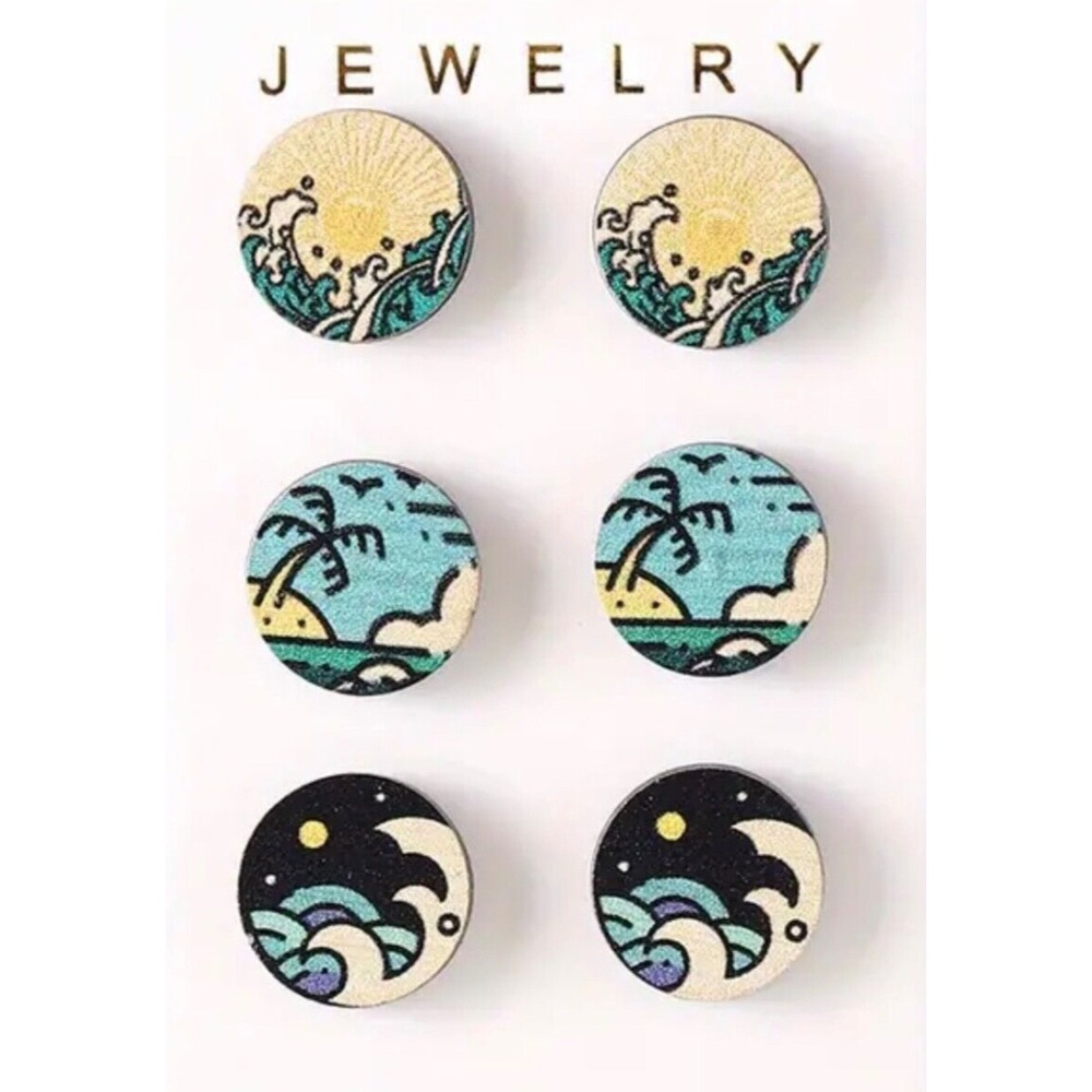 Surf Stud Earrings Set of 3 Pairs Printed Ocean Scenes Waves Beach NEW